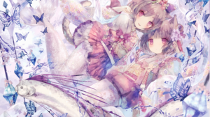 Mermaids Anime Anime Girls Cat Ears Flowers Flower In Hair Tail Butterfly Looking At Viewer Bow Tie  4129x2334 Wallpaper