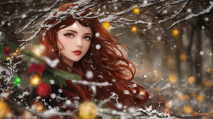 Christmas Red Snow Brunette Long Hair Gray Eyes Looking At Viewer Moles Mole Under Eye Red Lipstick  2560x1440 Wallpaper