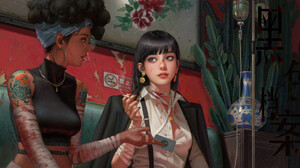 Ting Xie Drawing Women Two Women Dark Hair Cactus Blue Eyes Cigarettes Smoking Tattoo Earring Bandag 1920x973 Wallpaper