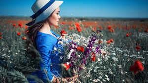 Field Summer Flower Nature Bouquet Hat Blue Dress 1920x1280 Wallpaper