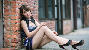 Asian Model Women Long Hair Dark Hair Sitting Leaning Bricks Wall Heels Depth Of Field High Heels Le 1920x1280 Wallpaper