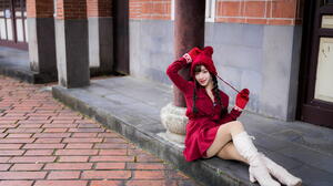 Asian Model Women Long Hair Dark Hair Depth Of Field Tiled Floor Sitting Column Leaning Red Dress Wo 2281x1520 Wallpaper