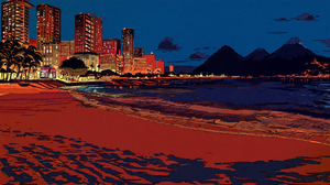 1980s Japanese Art Graphic Design Line Art Vibrant Colorful Summer Digital Art Water Beach 2560x1440 wallpaper
