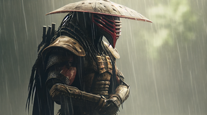 Ai Art Illustration Predator Creature Samurai Japan Rain 2688x1536 Wallpaper
