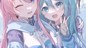 Anime Anime Girls One Eye Closed Pink Hair Purple Eyes Blue Hair Blue Eyes Snow Goggles Selfies 2894x4093 Wallpaper