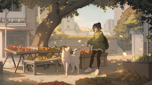 Hua Ming Wink Original Characters Dog Fallen Leaves Fruit Anime Girls Petals Animals 4753x2674 Wallpaper