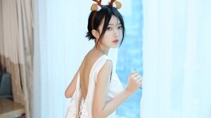 Model Asian Black Hair Horns White Dress Linsivvi Women 1536x2048 Wallpaper