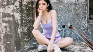 Asian Model Women Long Hair Dark Hair Sitting Legs Crossed Sneakers Violet Shirt Shorts Earrings Loo 1920x1280 Wallpaper