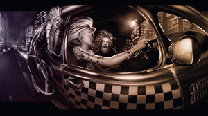 Car Punk Tattoo Rock Checkered Metal Street Light Digital Art Taxi 1366x768 Wallpaper