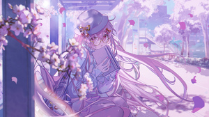 Anime Anime Girls Purple Hair Purple Eyes Looking At Viewer Glasses Petals Flowers Hat Sunlight Sitt 2133x1200 Wallpaper