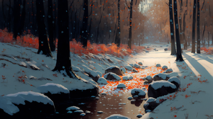 Ai Art Snow Spring Stream Forest Rocks Water Trees Nature 3060x2048 Wallpaper