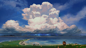 Digital Art Artwork Illustration Landscape Clouds Sea Water Sky Storm Beach Watermarked Environment  3840x1646 wallpaper