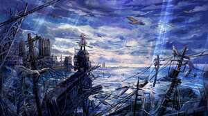 Clouds Sea Anime Girls Ruins Sky Birds 4272x2688 Wallpaper