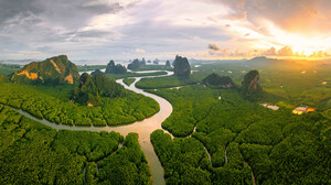 Thailand Landscape Nature River Forest Rocks Mountains Sky Clouds Sunset Aerial View 3840x2160 Wallpaper