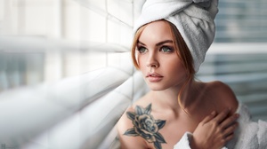 Women Model Women Indoors Indoors Inked Girls Looking Out Window Makeup Face Towel Bare Shoulders 2048x1152 Wallpaper