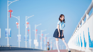 Women Model Asian Cosplay JK Schoolgirl School Uniform Brunette Twintails Women Outdoors Bridge 7952x5304 Wallpaper
