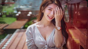 Asian Model Women Long Hair Dark Hair Wristwatch Depth Of Field Grey Tops Bench Table Chair Bushes S 1920x1280 Wallpaper