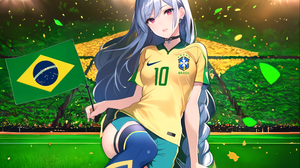 Anime Anime Girls Artwork Brazilian Brazil Soccer Mia27000 Ai Art Digital Art Blue Hair Soccer Ball  4400x3520 Wallpaper