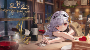 Anime Anime Girls Wine Wine Glass Cake Red Eyes New Year 7927x4363 Wallpaper