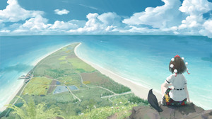 Touhou Shameimaru Aya Anime Girls Rear View Clouds Birds Sitting Sky Grass Crow Landscape Outdoors F 3840x2160 wallpaper