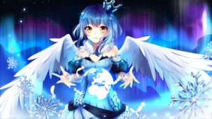 Wings Yellow Eyes Blue Dress Ice Crystals Blue Hair 2222x1250 Wallpaper