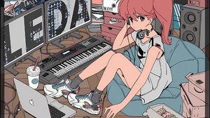 Tarou2 Anime Anime Girls Headphones Piano Laptop Musical Instrument Looking At Viewer Redhead Donut  3520x2532 Wallpaper