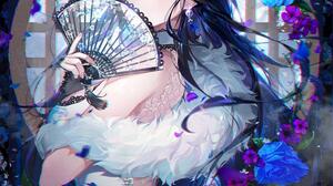 Anime Anime Girls Fans Long Hair Flowers Black Hair Flower In Hair Portrait Display Multi Colored Ey 1000x1291 Wallpaper