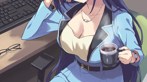 Anime Girls Vertical Legs Crossed Chair Drink Necklace Computer Smiling Looking At Viewer Glasses Lo 1478x2100 Wallpaper