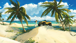 Digital Art Artwork Digital Sand Beach Dunes Buggy Beach Buggy Clouds Landscape Nature Palm Trees VS 3701x2082 Wallpaper