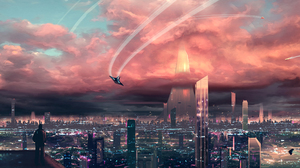JoeyJazz Cyberpunk Cityscape Science Fiction Sky Clouds 2560x1600 Wallpaper