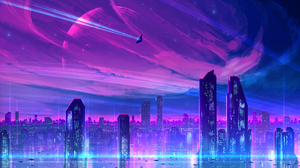 Digital Painting Neon Cityscape Futuristic Science Fiction Sky JoeyJazz 2560x1440 Wallpaper