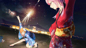Festival Fireworks Girl Night Yukata 3508x2480 Wallpaper