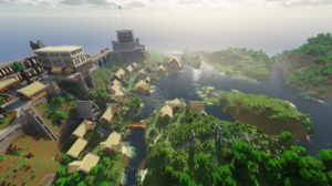 Minecraft Building Video Games Shaders CGi Video Game Landscape Water Castle 1920x1080 wallpaper