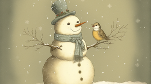 Ai Art Snowman Birds Drawing Winter Snow Hat Branch Scarf 3060x2048 Wallpaper