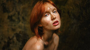 Women Redhead Freckles Wet Bare Shoulders Blue Eyes Simple Background Portrait 2048x1152 Wallpaper