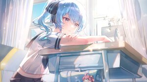 Anime Girls Virtual Youtuber Hololive Hoshimachi Suisei Sakura Miko Sailor Uniform Sitting Desk Curt 4096x2438 Wallpaper