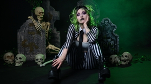 Women Model Halloween Cosplay Beetlejuice Striped Clothing Tie Crop Top Skeleton Skull Studio 3500x2333 Wallpaper