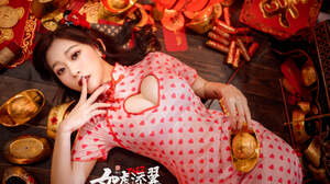 Polka Dots Dress Asian Women Oriental Long Hair Brunette Red Touching Face Finger On Lips Joshua Cha 1988x1325 Wallpaper