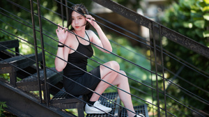 Asian Model Women Long Hair Dark Hair Sitting Stairs 3840x2560 Wallpaper