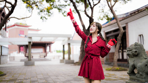 Asian Model Women Long Hair Dark Hair Red Dress Gloves Trees Statue Depth Of Field Twintails Braided 3840x2560 wallpaper