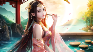 China 505 Games Ai Art Asian Women Chinese Dress Water Petals Looking At The Wiewer Looking At Viewe 1920x960 Wallpaper
