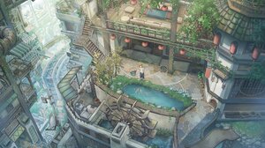 Pond House Fantasy Architecture Fantasy Art Stairs Building Water Sunlight Fish Watermills Couch 4096x2896 Wallpaper