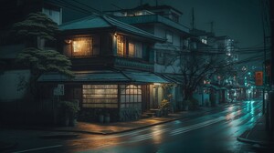 Ai Art Illustration Japan Street House Architecture Night 4579x2616 Wallpaper