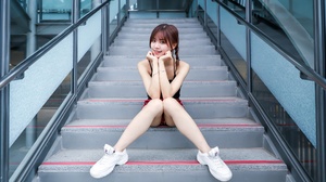 Asian Model Women Brunette Braids Dark Eyes Legs Top Tank Top Shorts Sneakers Sitting Looking At Vie 3840x2160 Wallpaper
