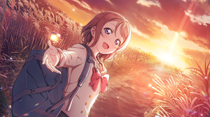 Watanabe You Love Live Love Live Sunshine Sun Arms Reaching Backpacks Schoolgirl School Uniform Fiel 4096x2520 Wallpaper