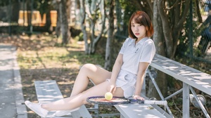 Asian Model Women Tennis Rackets Tennis Balls Legs White Shoes Dyed Hair Shoulder Length Hair Shorts 3840x2160 Wallpaper