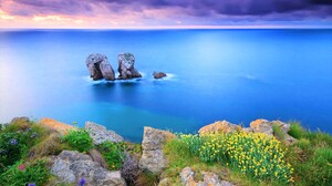 Blue Coast Coastline Flower Horizon Rock Sea Spring 2048x1356 Wallpaper