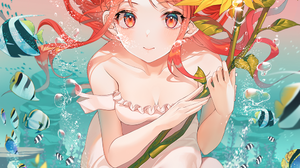 Anime Girls Portrait Display Underwater Tropical Fish Looking At Viewer Dress White Dress Long Hair  1000x1378 Wallpaper