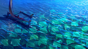 VSales Digital Art Artwork Illustration Landscape Sea Water Boat Manta Rays Animals Nature Sailing S 6038x3032 Wallpaper