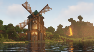 Minecraft Shaders Landscape Video Games Water CGi Windmill 1920x1080 Wallpaper